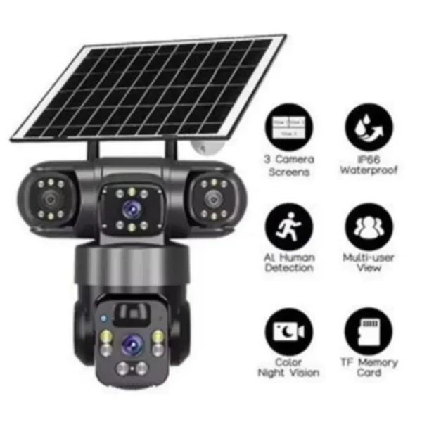 V380 Pro 3-Lens Solar CCTV Camera – 4K UHD Dual-Screen Outdoor PTZ Wireless Camera
